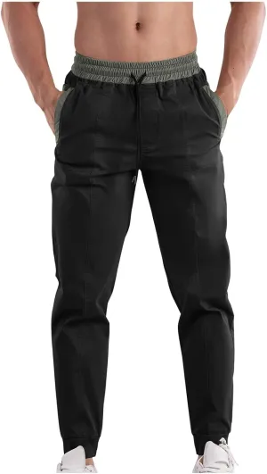 Mens Cargo Pants Multi Pockets Straight Expandable Waist Trousers Solid Cinch Bottom Pants Cotton Athletic Pants