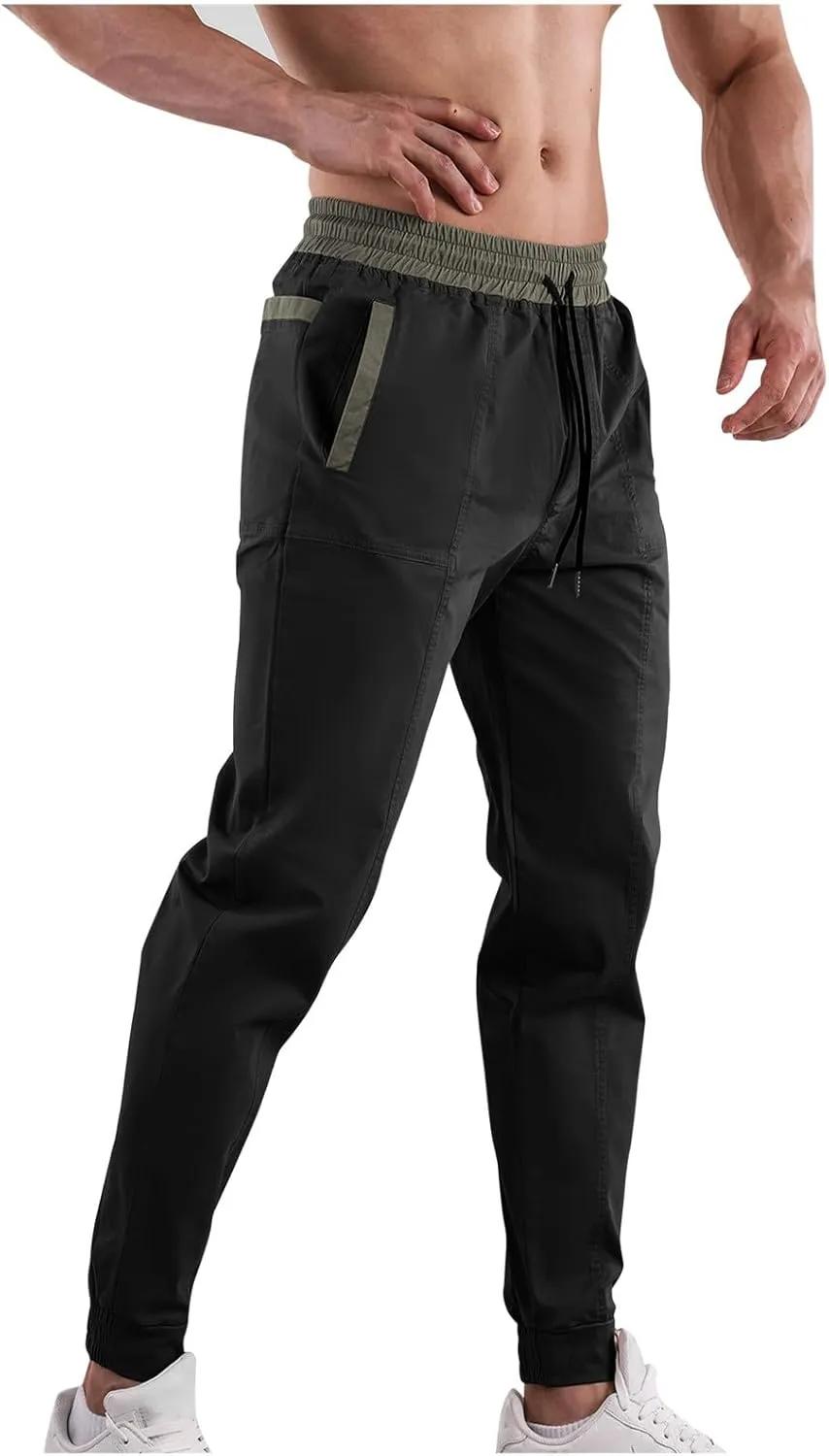 Mens Cargo Pants Multi Pockets Straight Expandable Waist Trousers Solid Cinch Bottom Pants Cotton Athletic Pants