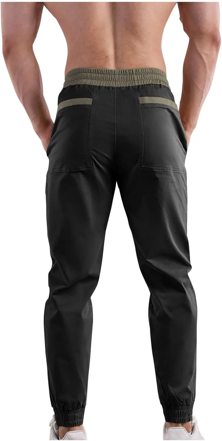 Mens Cargo Pants Multi Pockets Straight Expandable Waist Trousers Solid Cinch Bottom Pants Cotton Athletic Pants