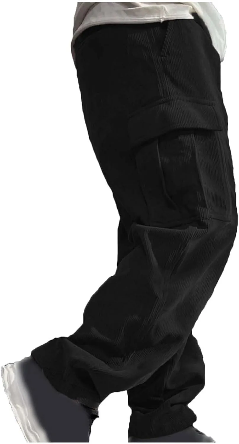 Mens Casual Cargo Pants Multi Pocket Drawstring Loose Trousers Solid Color Elastic Wide Leg Pants Camping Pants