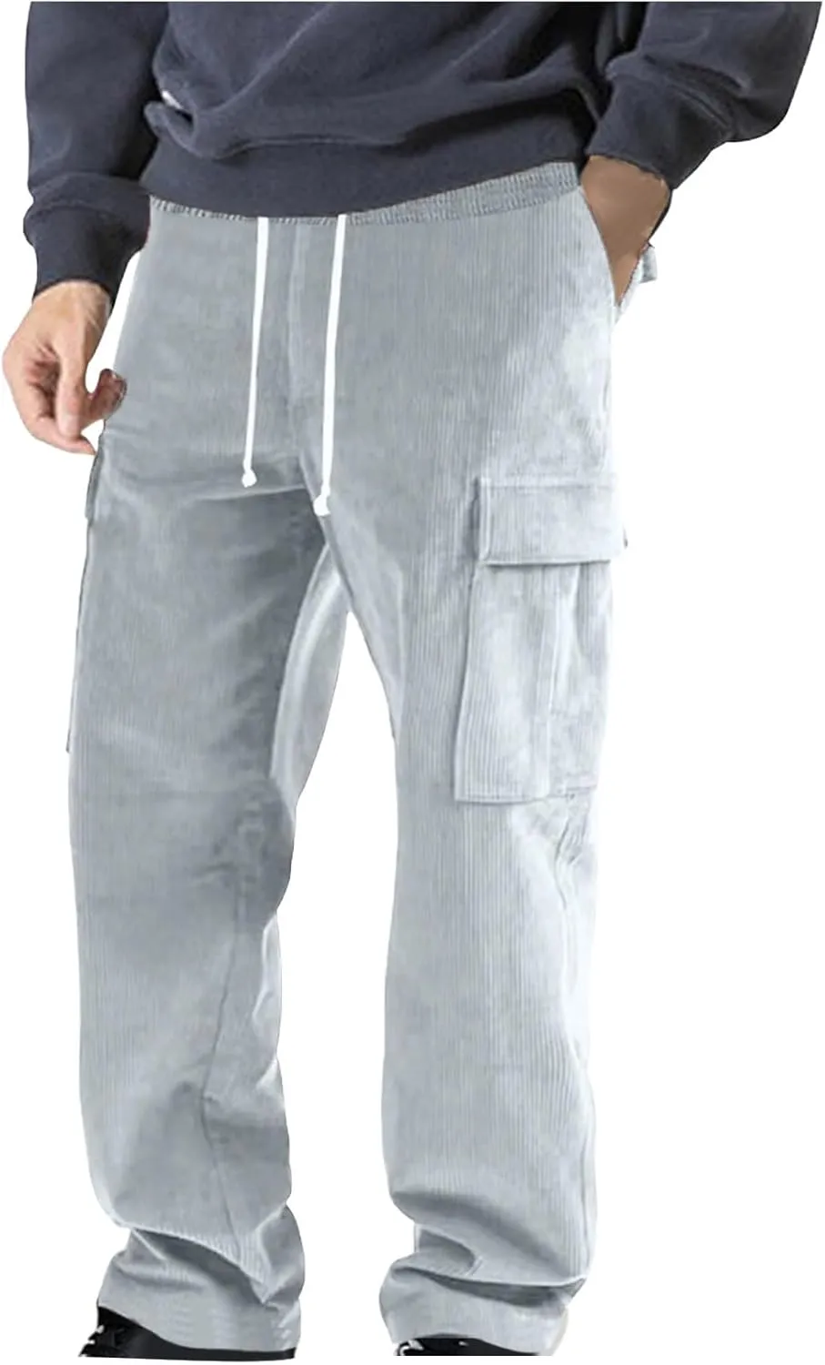 Mens Casual Cargo Pants Multi Pocket Drawstring Loose Trousers Solid Color Elastic Wide Leg Pants Camping Pants