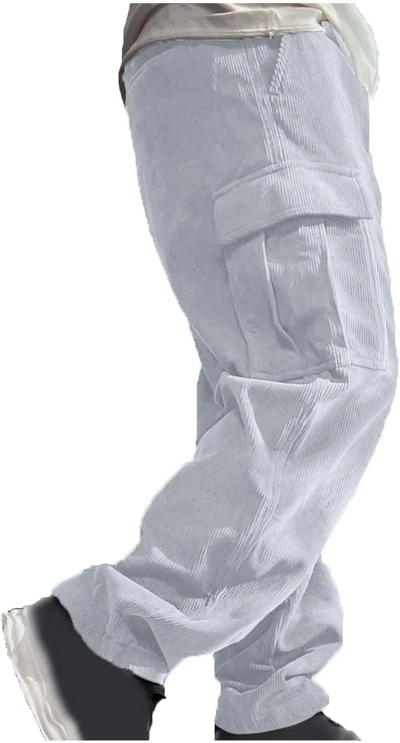 Mens Casual Cargo Pants Multi Pocket Drawstring Loose Trousers Solid Color Elastic Wide Leg Pants Camping Pants