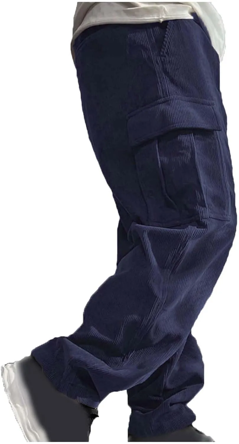 Mens Casual Cargo Pants Multi Pocket Drawstring Loose Trousers Solid Color Elastic Wide Leg Pants Camping Pants