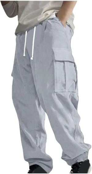 Mens Casual Cargo Pants Multi Pocket Drawstring Loose Trousers Solid Color Elastic Wide Leg Pants Camping Pants