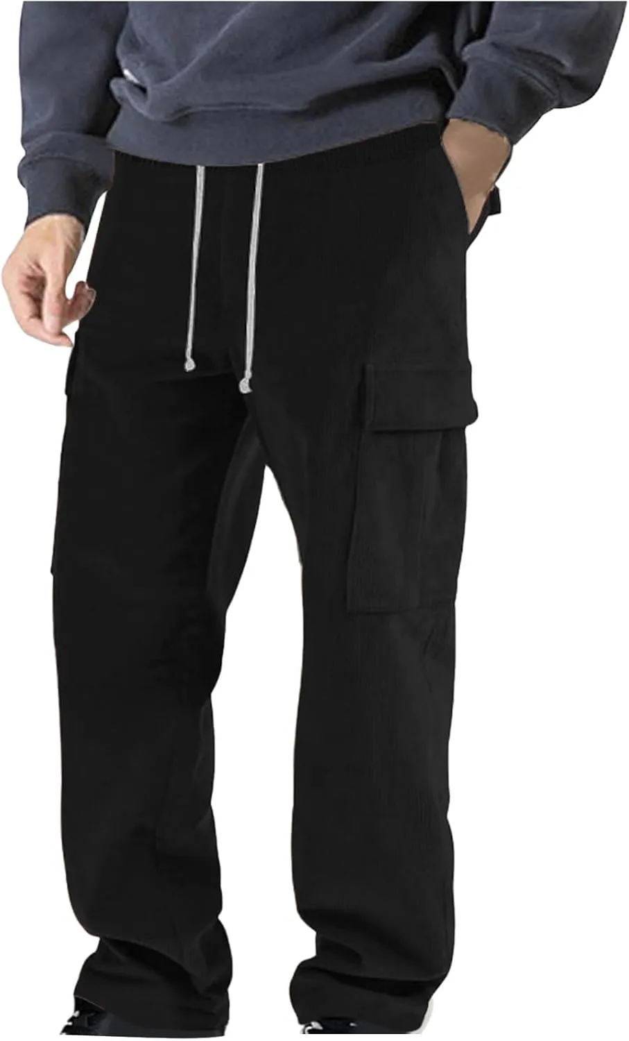 Mens Casual Cargo Pants Multi Pocket Drawstring Loose Trousers Solid Color Elastic Wide Leg Pants Camping Pants