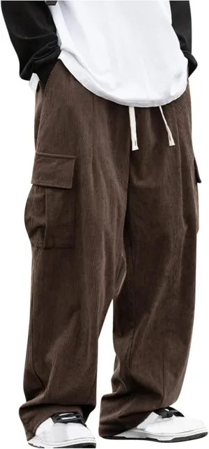 Mens Corduroy Vintage Cargo Sweatpants Solid Elastic Waist Drawstring Casual Wide Leg Pants Hip Hop Streetwear Pants
