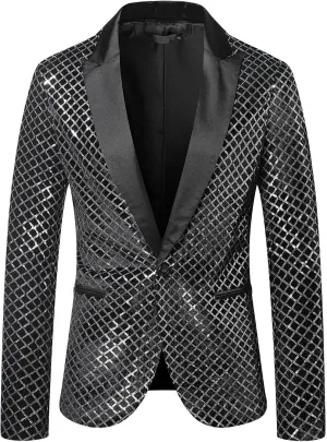 Mens Floral Sequin Suit Blazer Tuxedo Peak Lapel One Button Dress Coat Shiny Party Prom Wedding Jacket