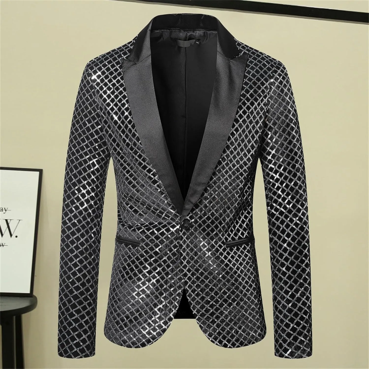 Mens Floral Sequin Suit Blazer Tuxedo Peak Lapel One Button Dress Coat Shiny Party Prom Wedding Jacket