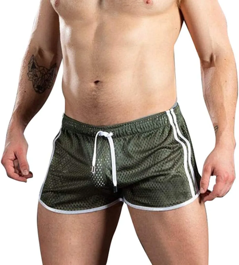 Men's Mesh Quick-Drying Booty Shorts, Sexy Side Split Drawstring Elastic Waist Workout Running Breathable Swim Trunks