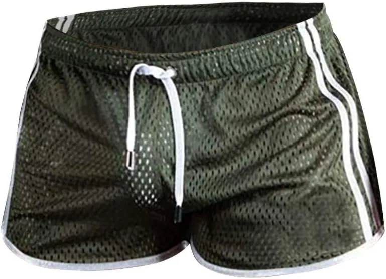 Men's Mesh Quick-Drying Booty Shorts, Sexy Side Split Drawstring Elastic Waist Workout Running Breathable Swim Trunks