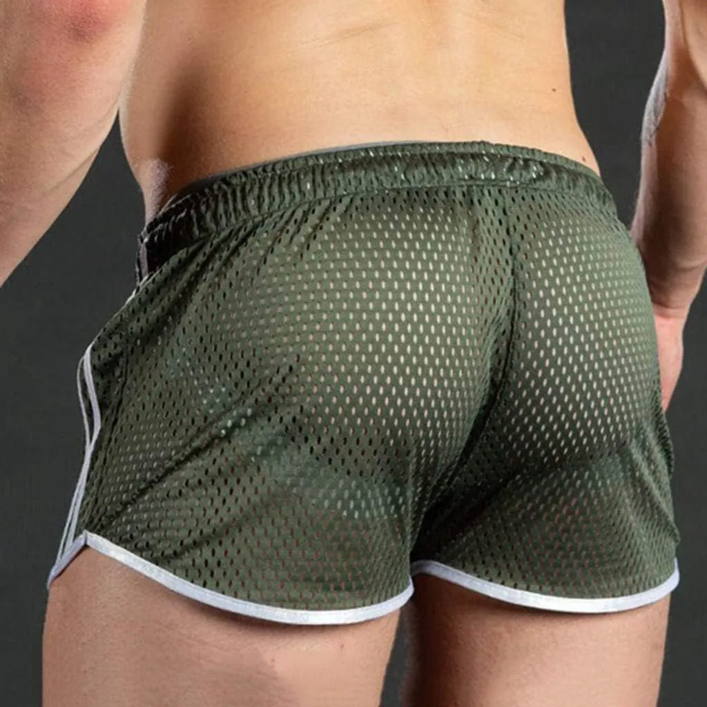 Men's Mesh Quick-Drying Booty Shorts, Sexy Side Split Drawstring Elastic Waist Workout Running Breathable Swim Trunks