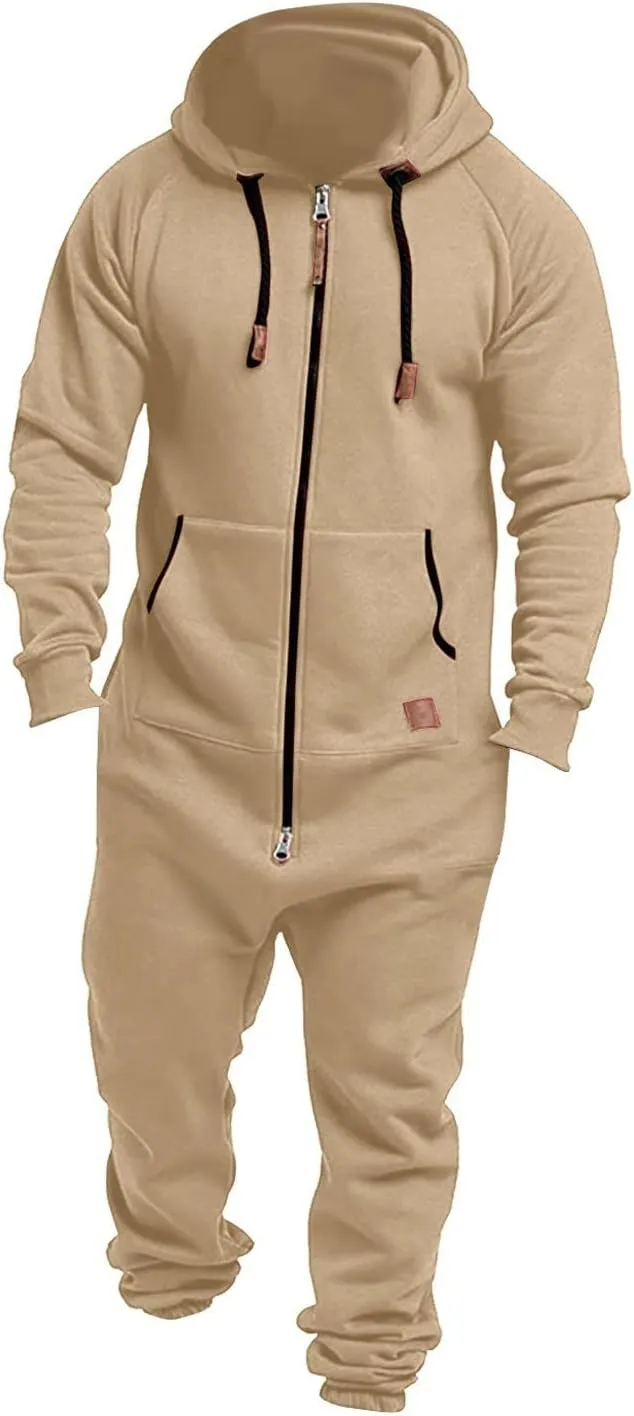 Mens Onesie Pajamas Adults Hooded Jumpsuit Rompers,Zip Up One Piece Jogger Sweatsuit Overall Tracksuit With Pockets