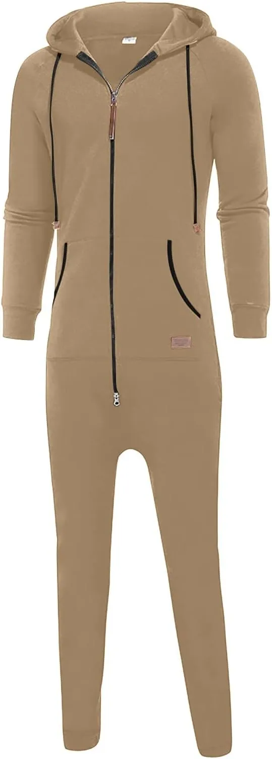 Mens Onesie Pajamas Adults Hooded Jumpsuit Rompers,Zip Up One Piece Jogger Sweatsuit Overall Tracksuit With Pockets