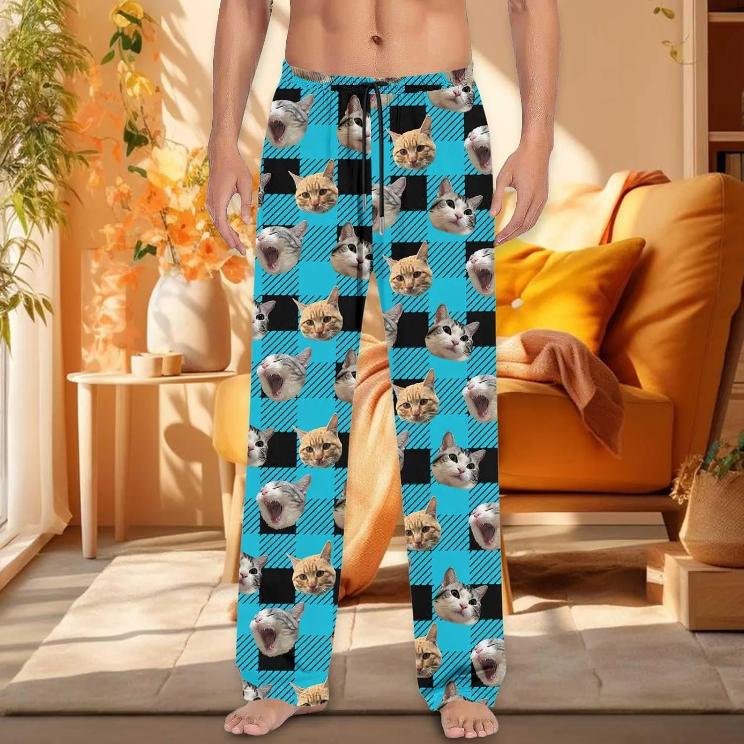 Mens Pajama Pants Plaid Pajama Pants Funny Cat Print Pajamas Pj Baggy Drawstring Sleep Lounge Bottoms with Pockets