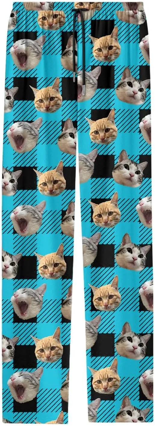 Mens Pajama Pants Plaid Pajama Pants Funny Cat Print Pajamas Pj Baggy Drawstring Sleep Lounge Bottoms with Pockets