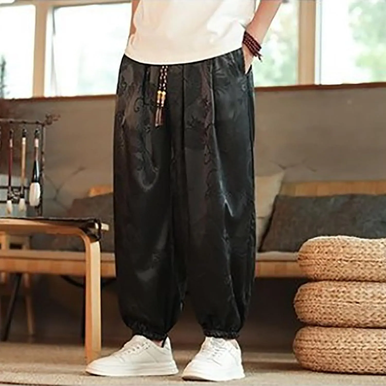 Mens Satin Harem Jogger Pants Paisley Silk Lounge Pajama Bottoms Big and Tall Western Cowboy Beach Yoga Pants