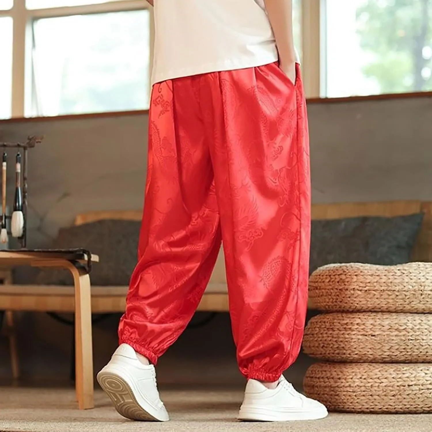 Mens Satin Harem Jogger Pants Paisley Silk Lounge Pajama Bottoms Big and Tall Western Cowboy Beach Yoga Pants