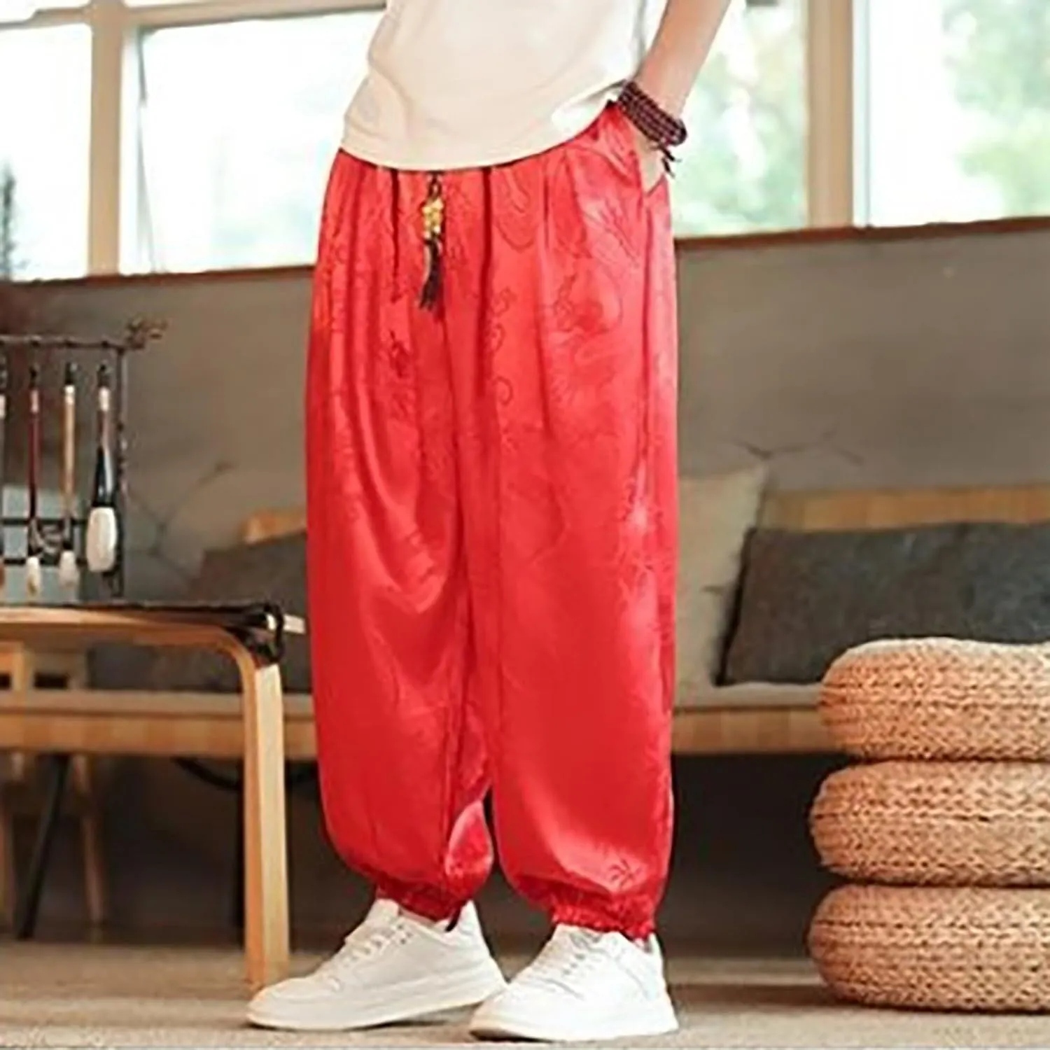 Mens Satin Harem Jogger Pants Paisley Silk Lounge Pajama Bottoms Big and Tall Western Cowboy Beach Yoga Pants
