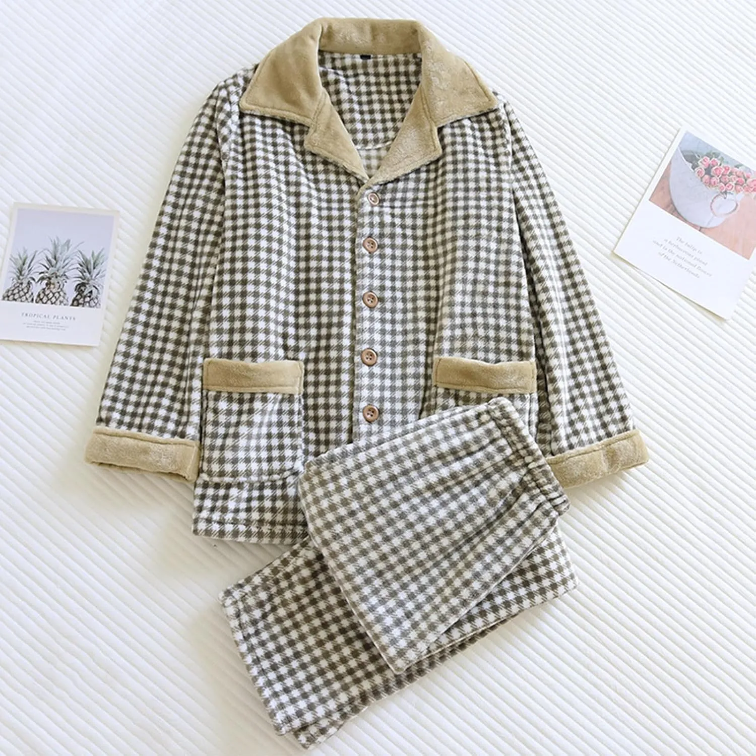 Men's Soft Plush Fleece Pajama Lounge Set, Warm Long Sleeve Shirt and Pants Thickened Warm Pjs Set