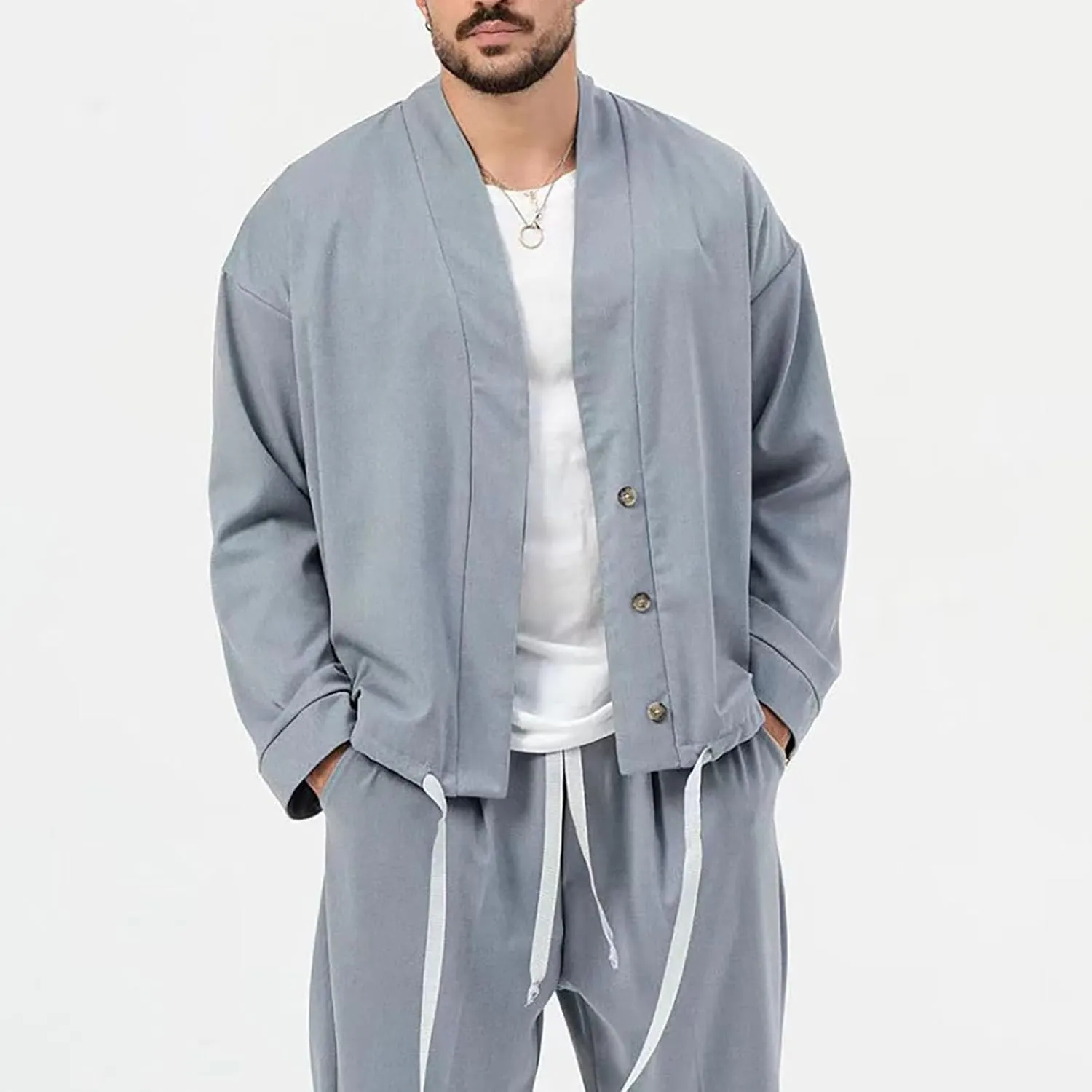 Mens Two Piece Outfits Sets Fall Buttoned Drawstring Open Front Cardigan and Casual Long Pants Loose Fit Jackets