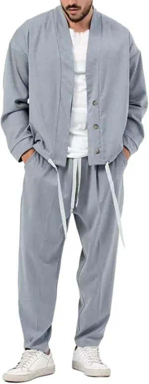 Mens Two Piece Outfits Sets Fall Buttoned Drawstring Open Front Cardigan and Casual Long Pants Loose Fit Jackets