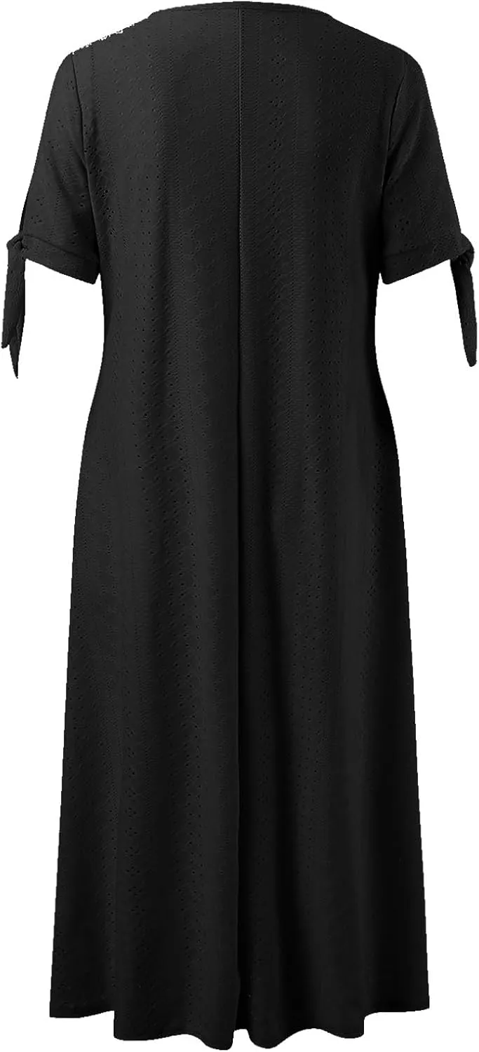 Midi Dresses for Women,Casual Short Sleeve Crewneck Shirt Dress Aline Swing Flowy Tiered Maxi Beach Long Dresses