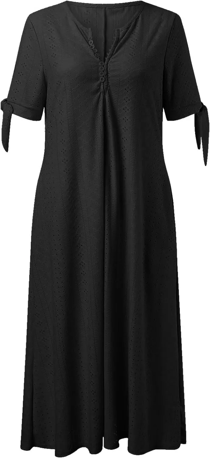 Midi Dresses for Women,Casual Short Sleeve Crewneck Shirt Dress Aline Swing Flowy Tiered Maxi Beach Long Dresses