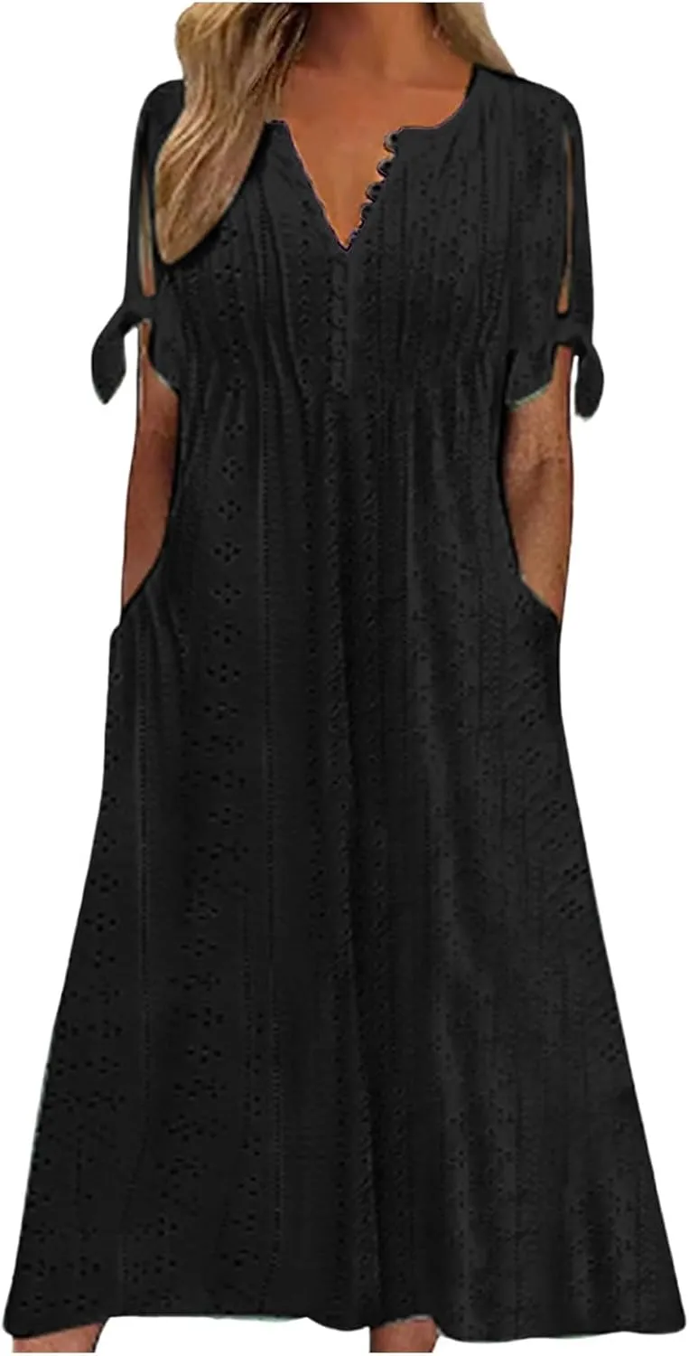 Midi Dresses for Women,Casual Short Sleeve Crewneck Shirt Dress Aline Swing Flowy Tiered Maxi Beach Long Dresses