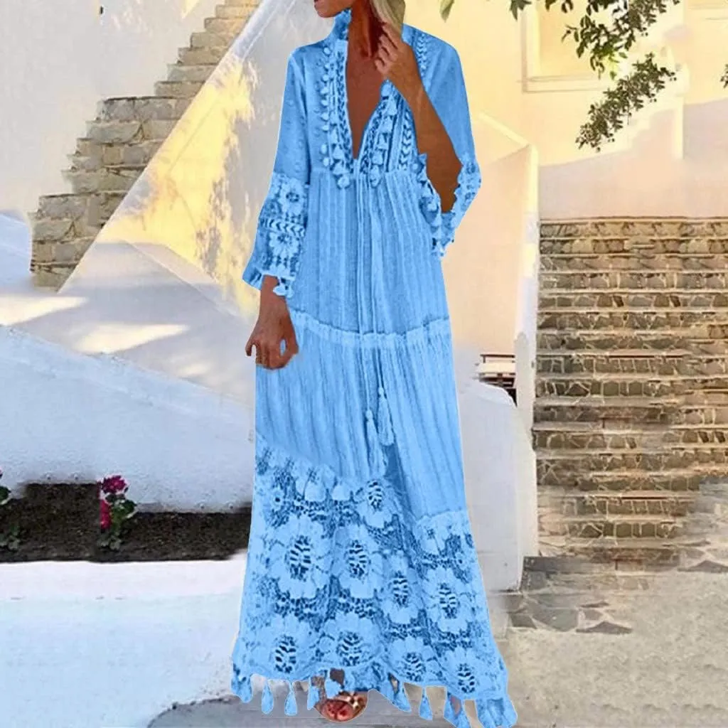 NaRHbrg Womens Summer Maxi Dresses V Neck Floral Lace Long Dress Casual Long Sleeve Boho Flowy Sundress Beach Party Sundress