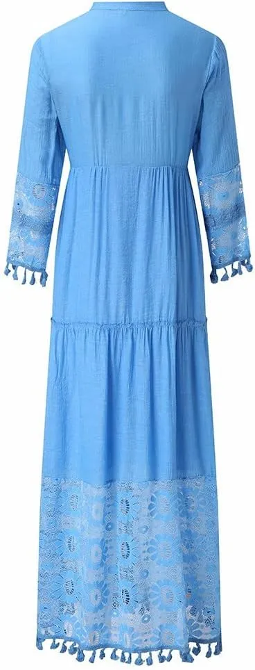 NaRHbrg Womens Summer Maxi Dresses V Neck Floral Lace Long Dress Casual Long Sleeve Boho Flowy Sundress Beach Party Sundress