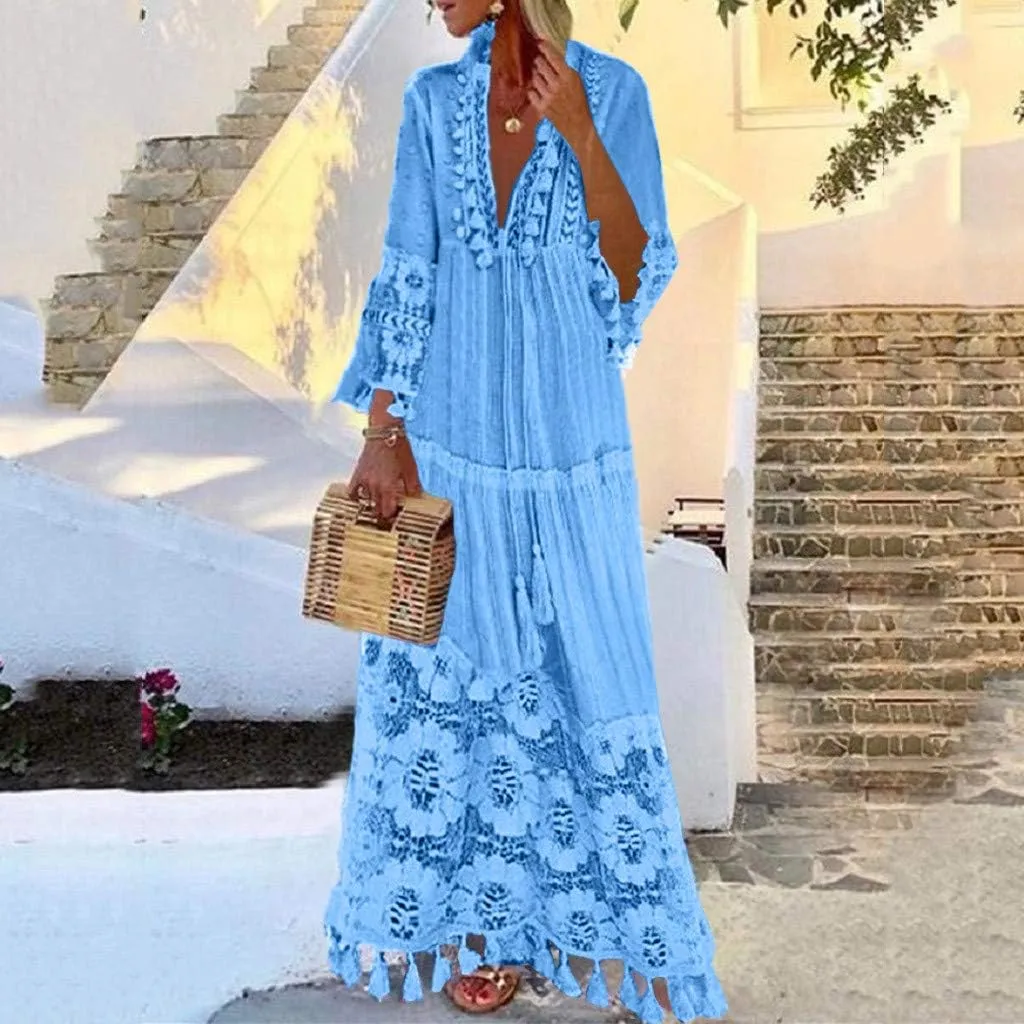 NaRHbrg Womens Summer Maxi Dresses V Neck Floral Lace Long Dress Casual Long Sleeve Boho Flowy Sundress Beach Party Sundress