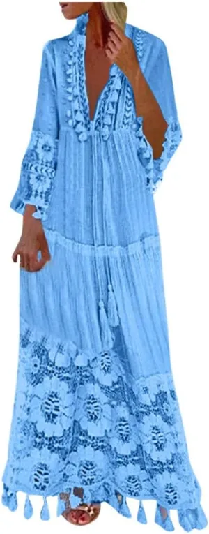 NaRHbrg Womens Summer Maxi Dresses V Neck Floral Lace Long Dress Casual Long Sleeve Boho Flowy Sundress Beach Party Sundress