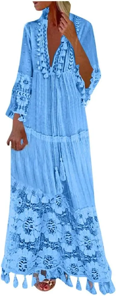 NaRHbrg Womens Summer Maxi Dresses V Neck Floral Lace Long Dress Casual Long Sleeve Boho Flowy Sundress Beach Party Sundress