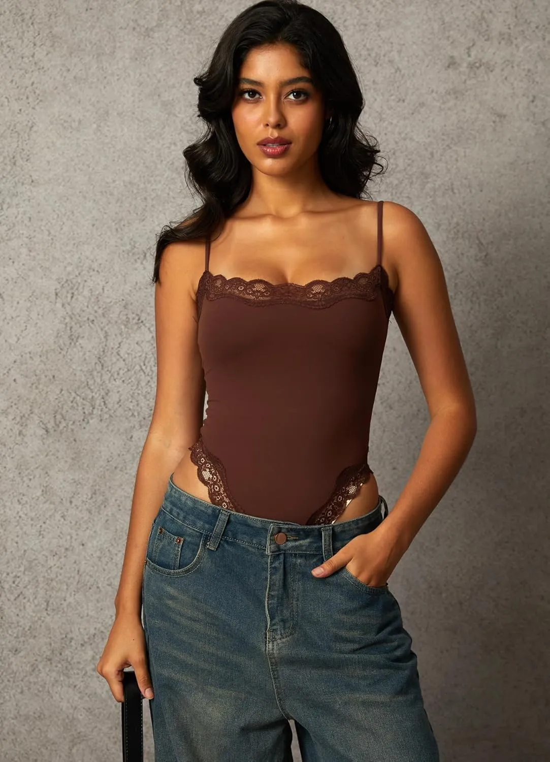Navneet Women Lace Bodysuit Sexy Square Neck Sleeveless Cami Spaghetti Strap Thong Bodysuit Backless Body Suits Tops Leotard