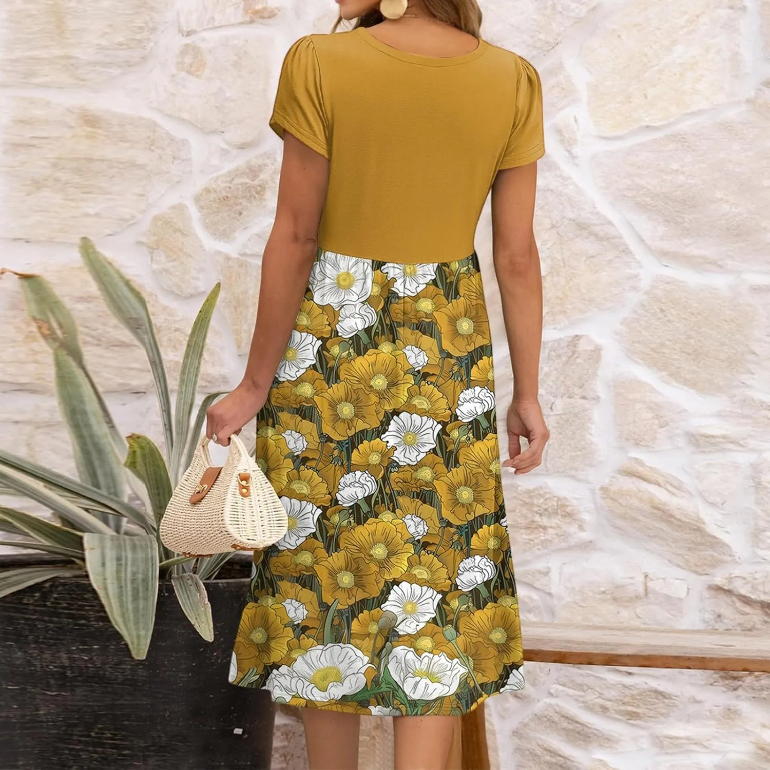 NBXNZWF Women 2025 Summer Dress Short Sleeve Crewneck Belt Midi Dress Floral Print Elegant A Line T-Shirt Dress with Pockets