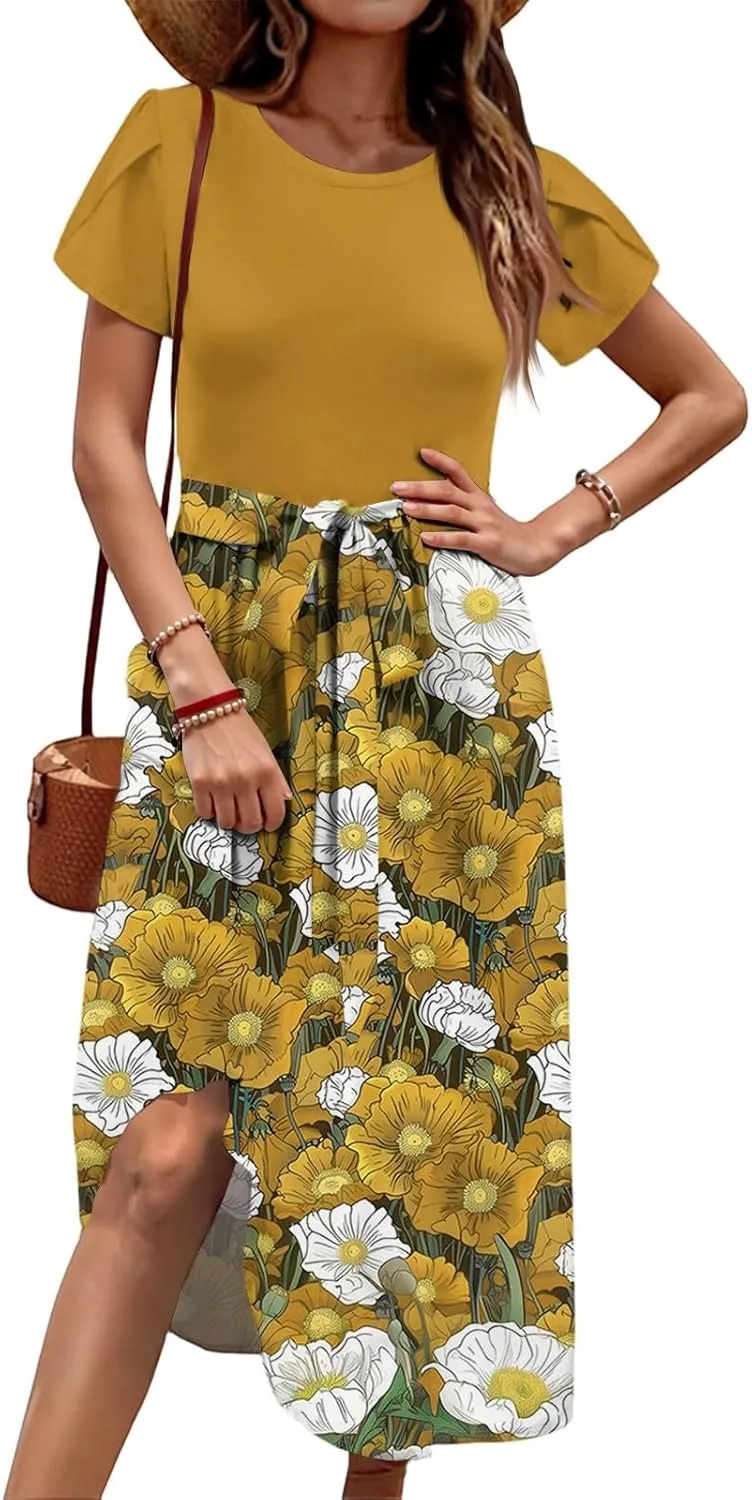 NBXNZWF Women 2025 Summer Dress Short Sleeve Crewneck Belt Midi Dress Floral Print Elegant A Line T-Shirt Dress with Pockets