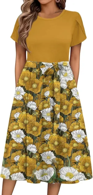 NBXNZWF Women 2025 Summer Dress Short Sleeve Crewneck Belt Midi Dress Floral Print Elegant A Line T-Shirt Dress with Pockets