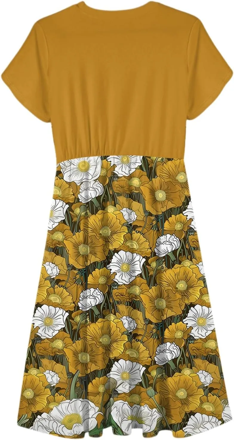 NBXNZWF Women 2025 Summer Dress Short Sleeve Crewneck Belt Midi Dress Floral Print Elegant A Line T-Shirt Dress with Pockets