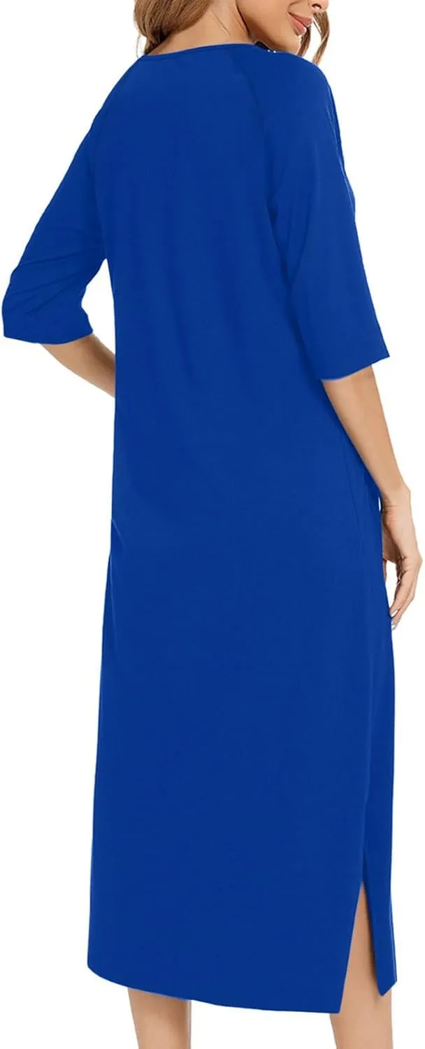 Nightgown House Dress for Women 3/4 Sleeve Zip Up Robe Long Lounge Dress Side Split House Coat Sleepwear with Pocket