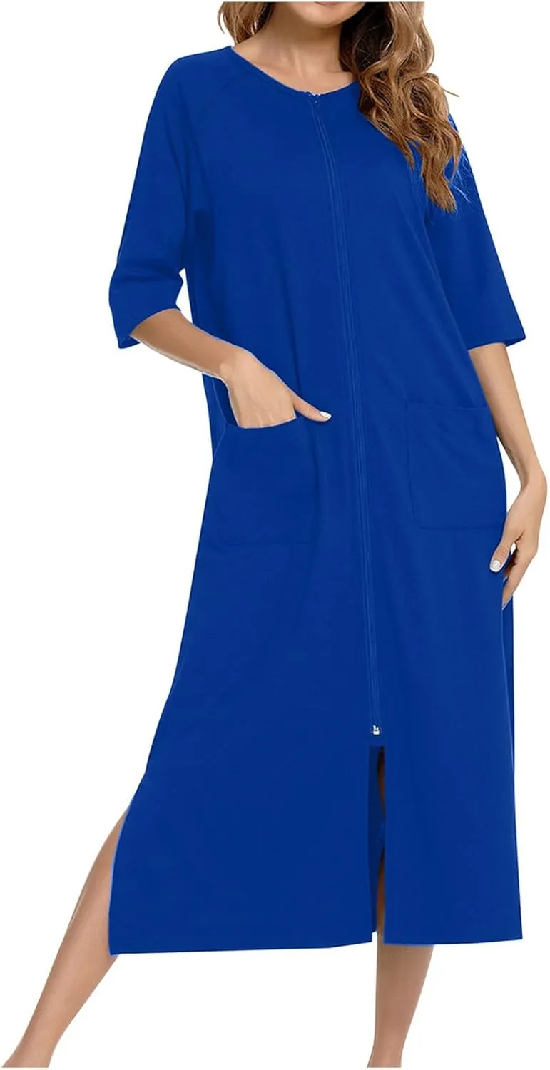 Nightgown House Dress for Women 3/4 Sleeve Zip Up Robe Long Lounge Dress Side Split House Coat Sleepwear with Pocket