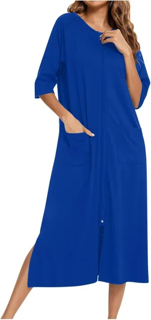 Nightgown House Dress for Women 3/4 Sleeve Zip Up Robe Long Lounge Dress Side Split House Coat Sleepwear with Pocket