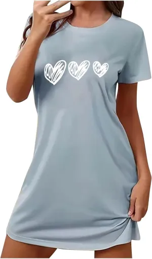 Nightgowns for Women Heart Print Loose Nightshirt Short Sleeve Soft Sleepwear Summer Short Tshirt Dress