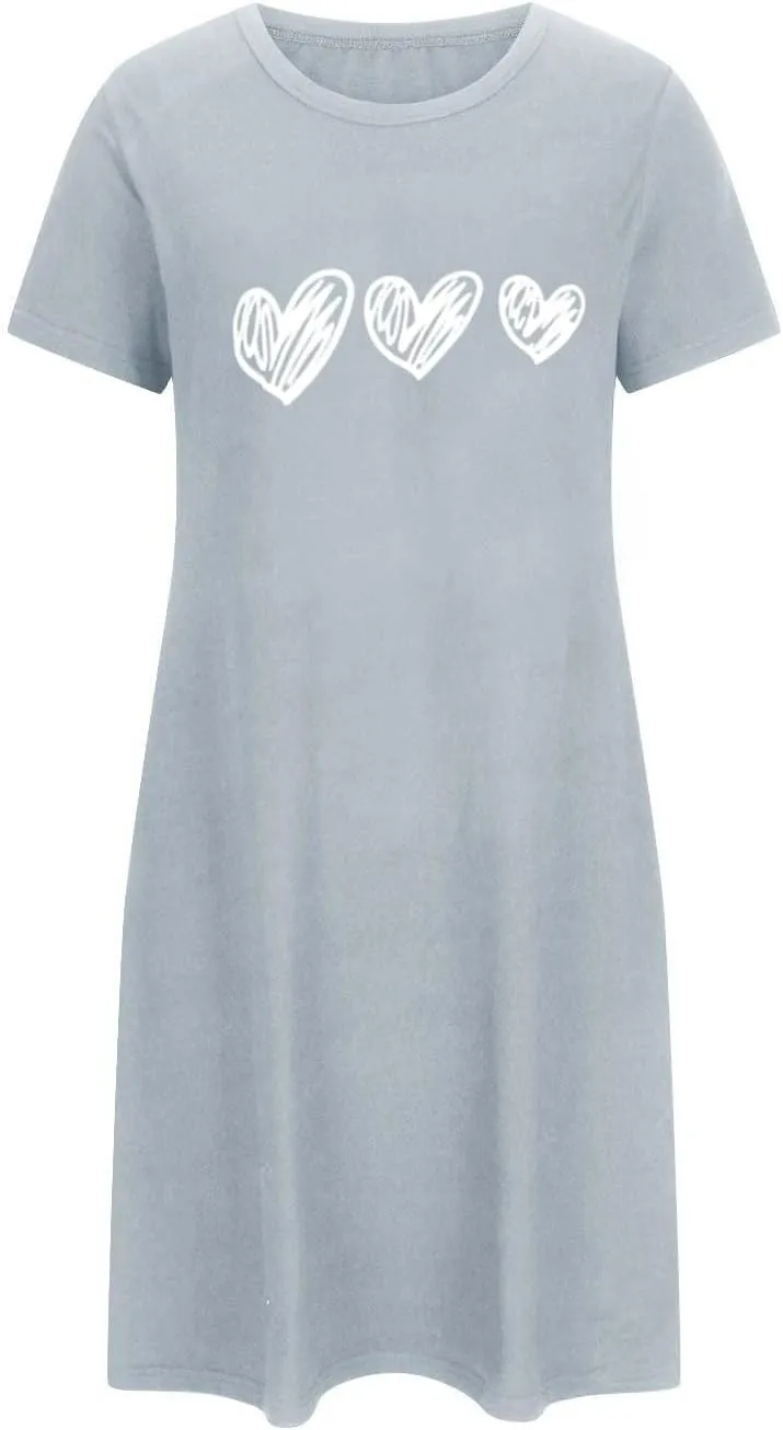 Nightgowns for Women Heart Print Loose Nightshirt Short Sleeve Soft Sleepwear Summer Short Tshirt Dress