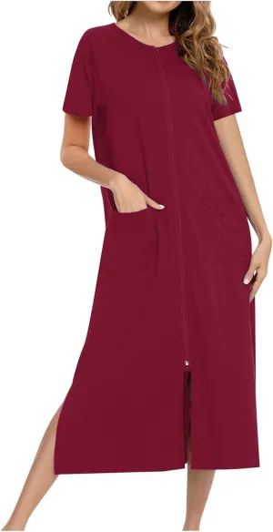 Nightgowns for Women Zip Front Nightshirt Short Sleeve Sleepwear Loose Crewneck Soft Summer Sleep Dress with Pockets