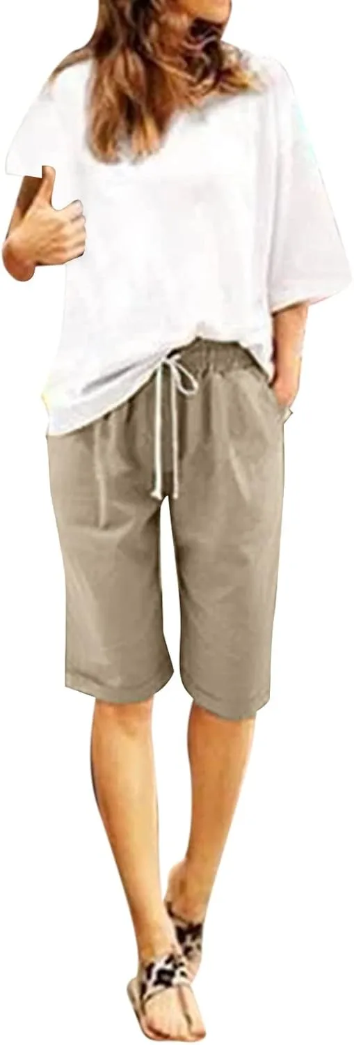 NLOMOCT Bermuda Shorts for Women High Waisted,Womens Bermuda Shorts High Waisted,Long Cotton Lounge Shorts with Pockets Knee Length Sweat Jersey Athletic Shorts 01