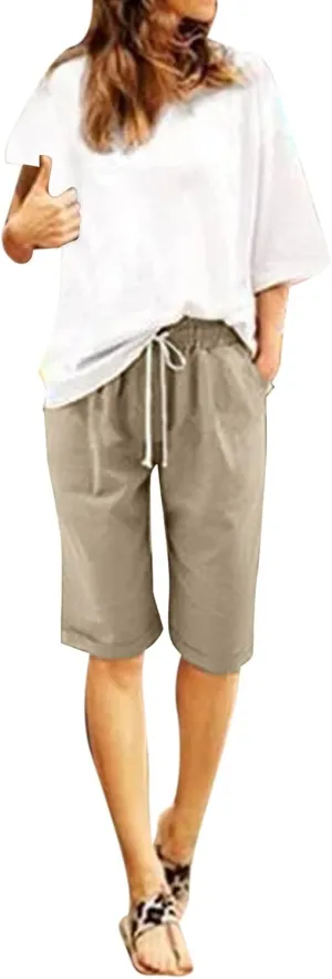 NLOMOCT Bermuda Shorts for Women High Waisted,Womens Bermuda Shorts High Waisted,Long Cotton Lounge Shorts with Pockets Knee Length Sweat Jersey Athletic Shorts 01