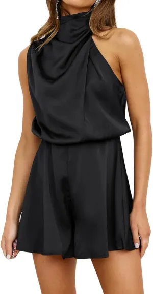 ODIZLI Women Mock Neck Satin Dresses Tie Waist Cocktail Dress Elegant Sleeveless Summer Dresses Above Knee Length