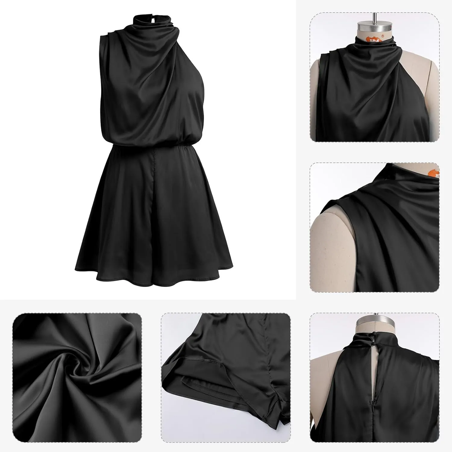 ODIZLI Women Mock Neck Satin Dresses Tie Waist Cocktail Dress Elegant Sleeveless Summer Dresses Above Knee Length