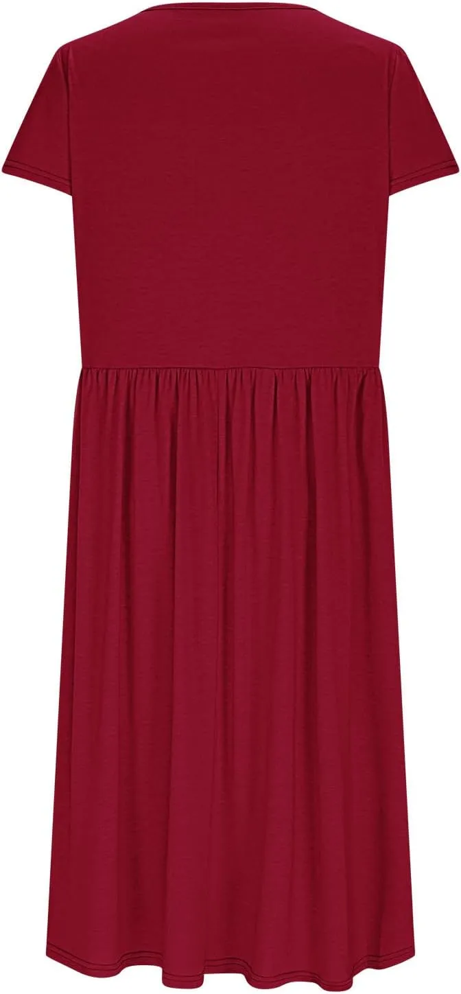 Olive Casual A-Line Dress for Women Short Sleeve with Pockets Summer Midi Dress
