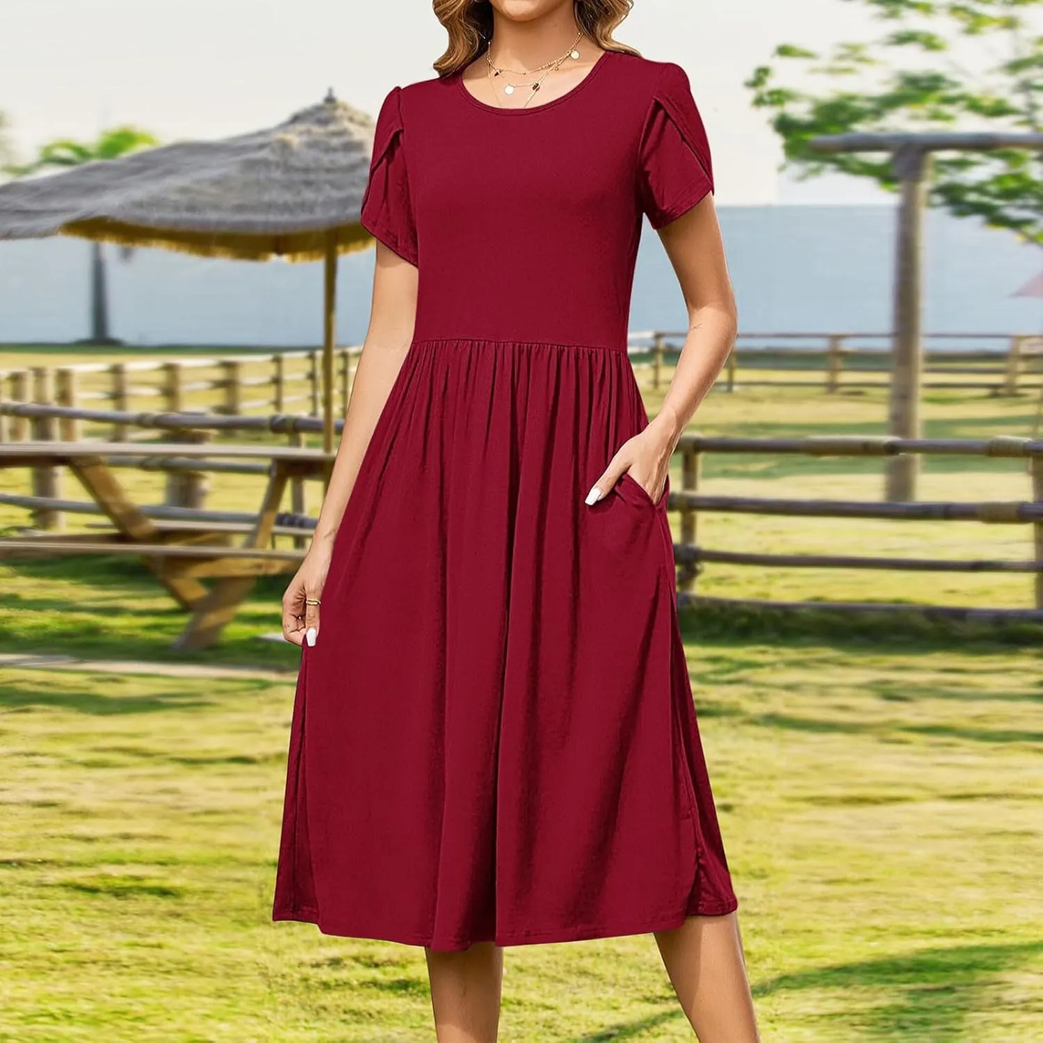 Olive Casual A-Line Dress for Women Short Sleeve with Pockets Summer Midi Dress